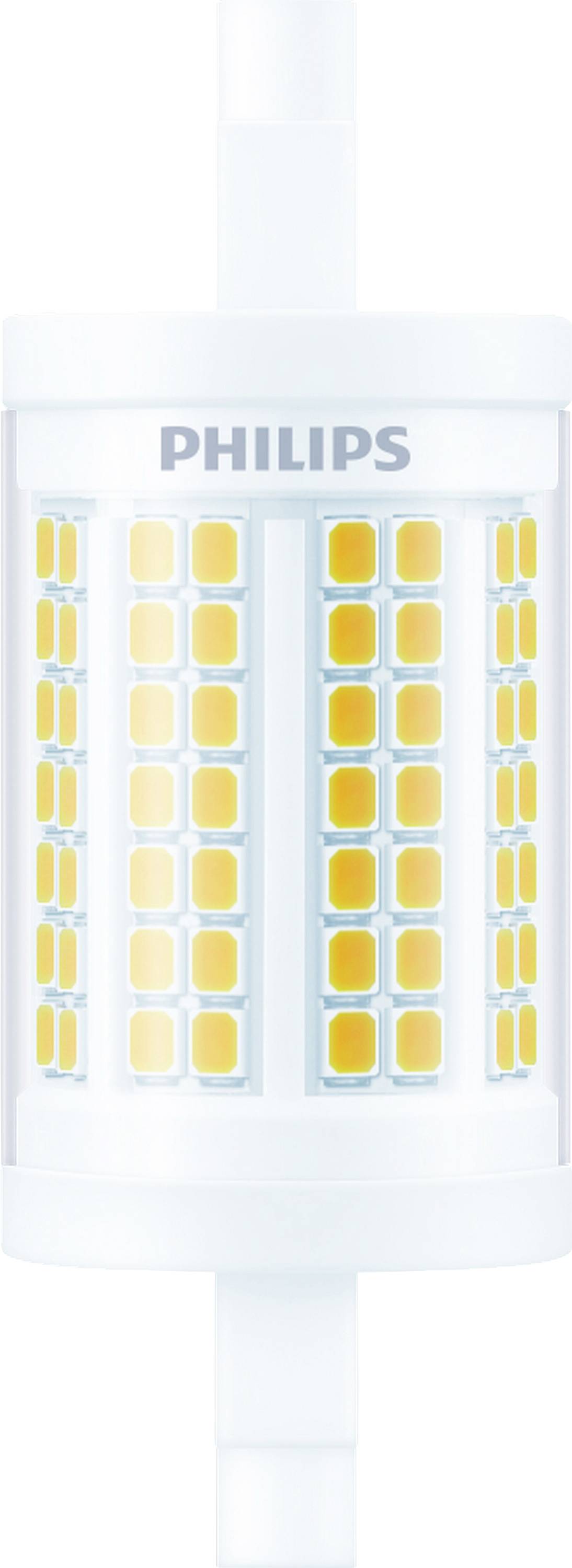 Eine Nahaufnahme einer Philips LED-Glühbirne, die die zylindrische Form und leuchtend gelbe Dioden in einem Gittermuster zeigt, entwickelt für Energieeffizienz.