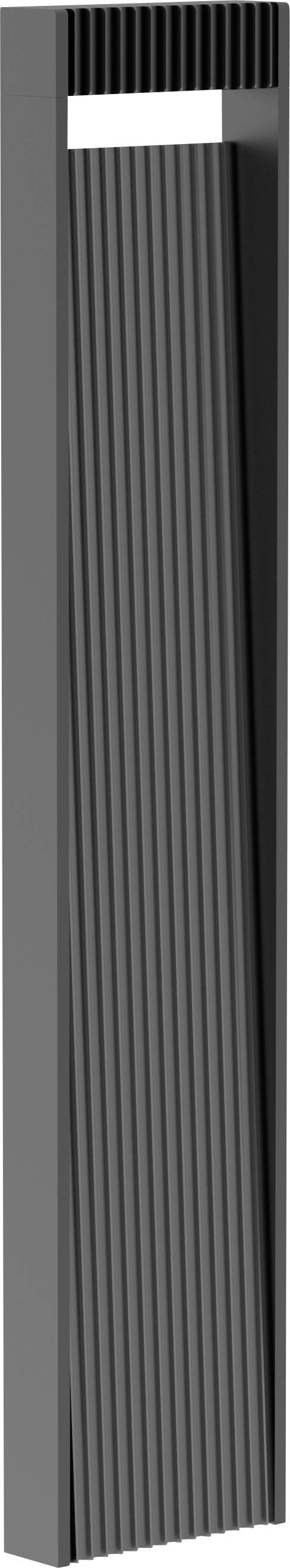 Hohe, rechteckige Konstruktion mit vertikalen Rillen und offener Oberseite, die einer modernen architektonischen Säule ähnelt.