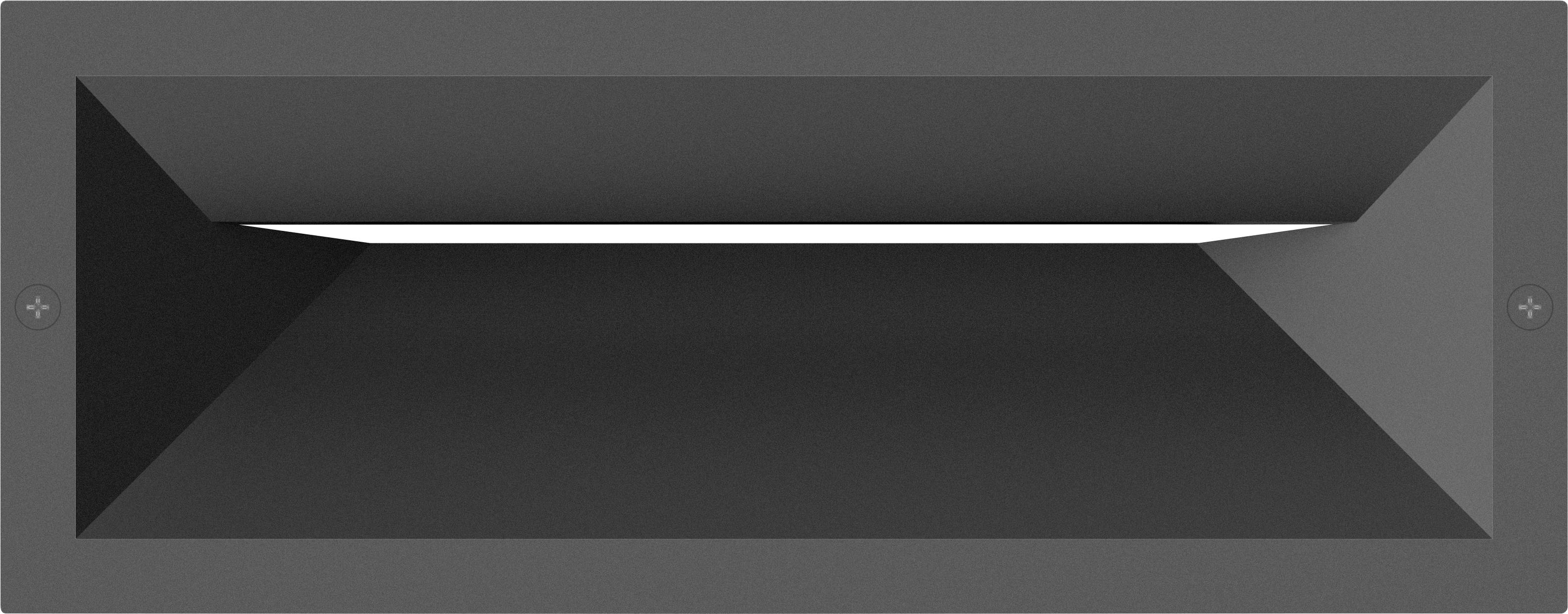 Ein rechteckiger, schwarzer Wandlüftungsauslass mit einer geneigten Konstruktion zur Luftströmungslenkung, vor einem neutralen Hintergrund.