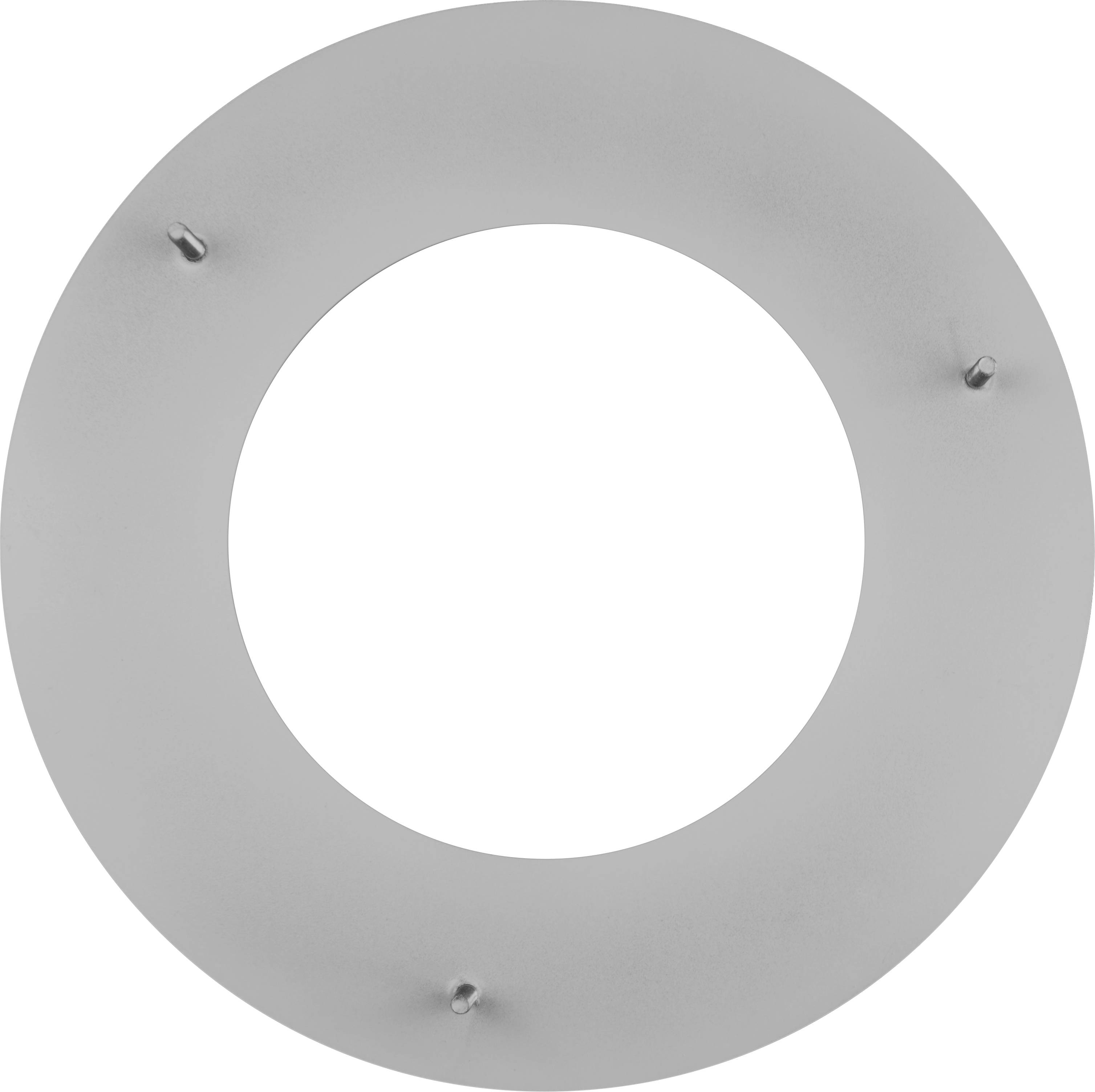 Eine runde Metallplatte mit einer kreisförmigen Öffnung in der Mitte und vier kleinen, gleichmäßig entlang ihrer Innenkante verteilten hervorstehenden Pins.