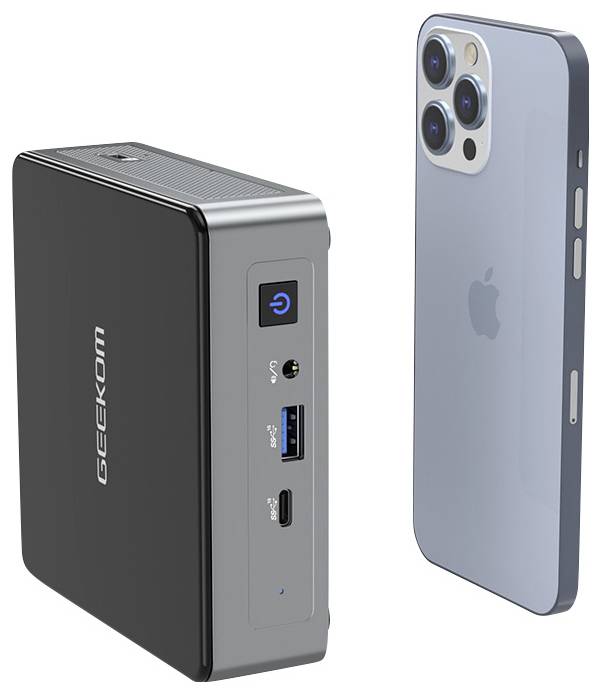 Geekomi externes Akku-/Ladegerät neben der Rückseite eines Smartphones, wobei Stromschalter, USB-A- und USB-C-Anschlüsse sichtbar sind