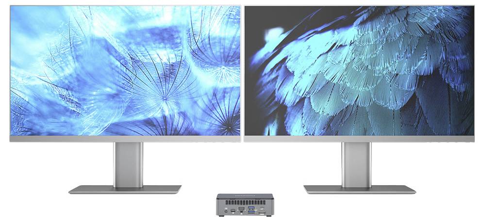Zwei nebeneinander angeordnete Monitore zeigen abstrakte blaufedern-ähnliche Grafiken an, mit einem kleinen Desktop-Computer, der darunter zwischen ihnen platziert ist.
