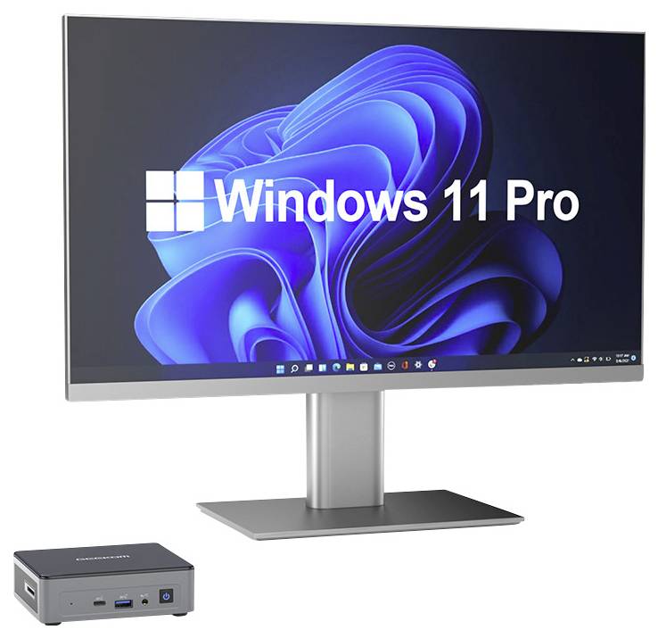 Desktop-Monitor mit Anzeige von 'Windows 11 Pro' und ein kleiner Mini-PC darunter, was auf eine kompakte Windows-Computer-Konfiguration hindeutet.