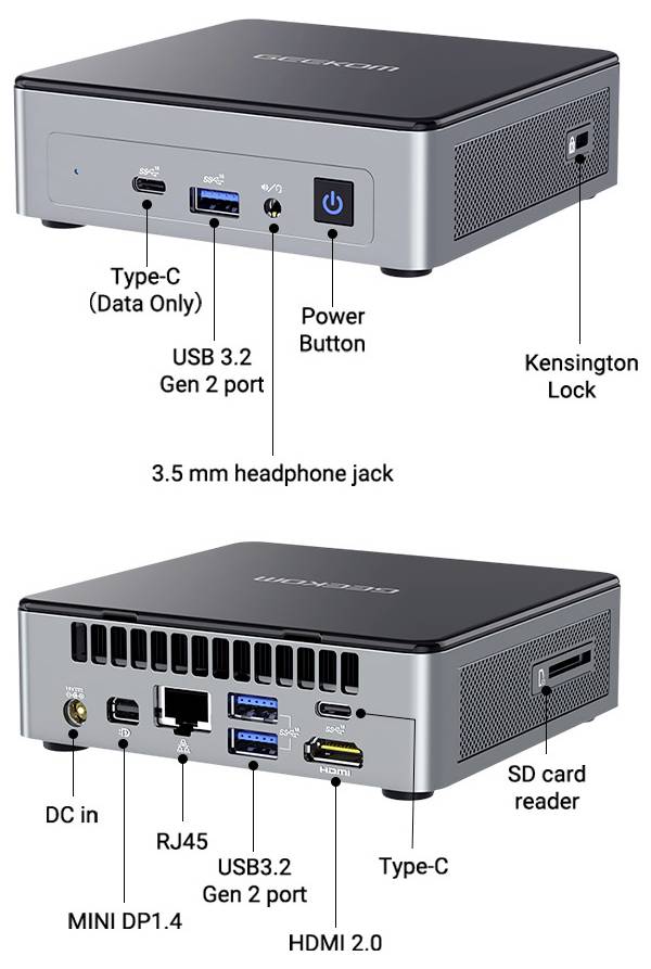 Zwei Ansichten eines Mini-PCs mit vorderen und hinteren Anschlüssen: Type-C-Daten, USB 3.2, Kopfhörerbuchse, Betätigungsschalter, Kensington-Schloss, Stromversorgung, RJ45, Mini DP 1.4, HDMI 2.0, SD-Kartenleser.