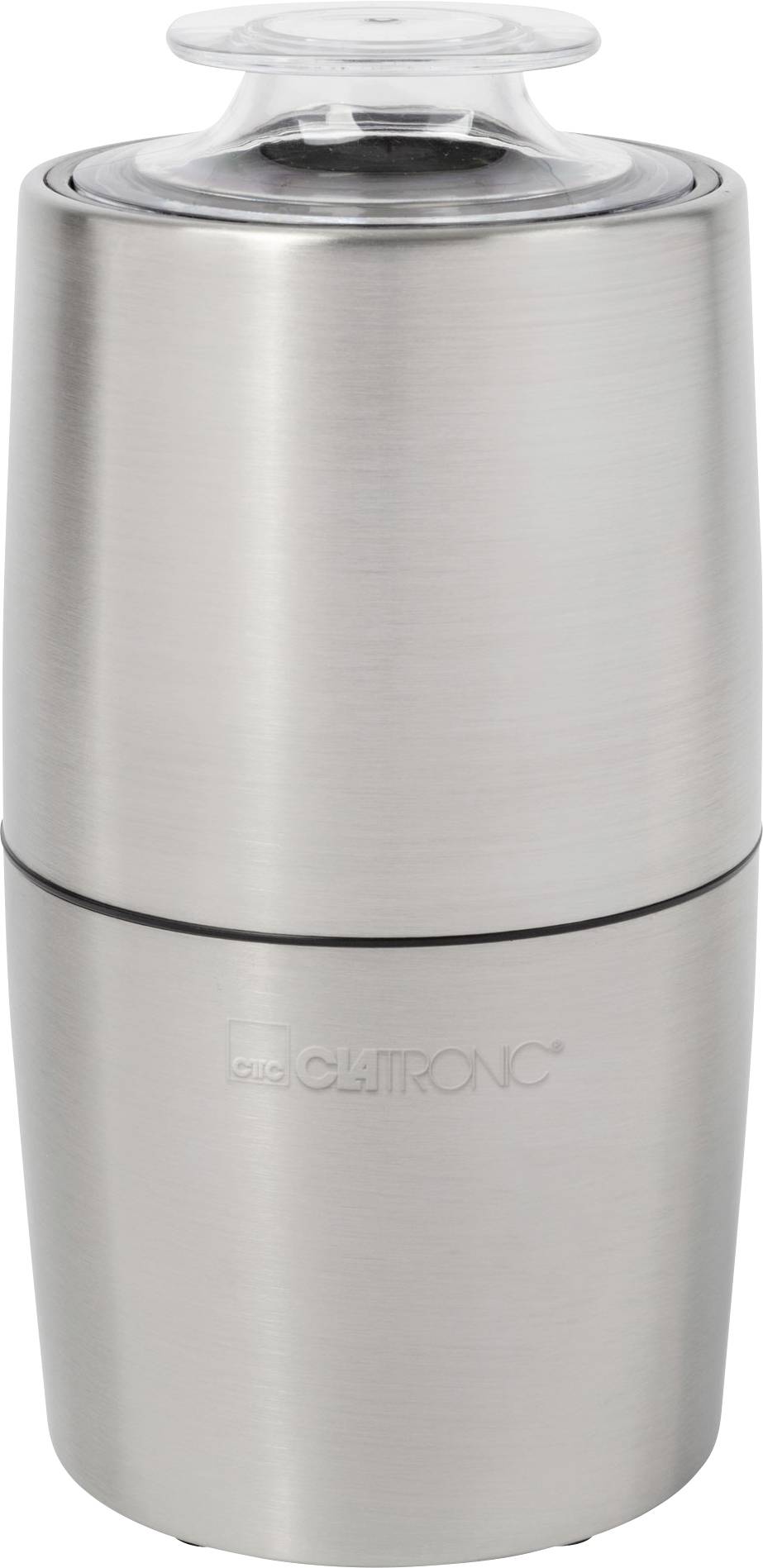 Eine elektrische Salz- oder Pfeffermühle aus Edelstahl mit transparentem Deckel und sichtbarem 'CLATRONIC' Logo auf der Vorderseite.