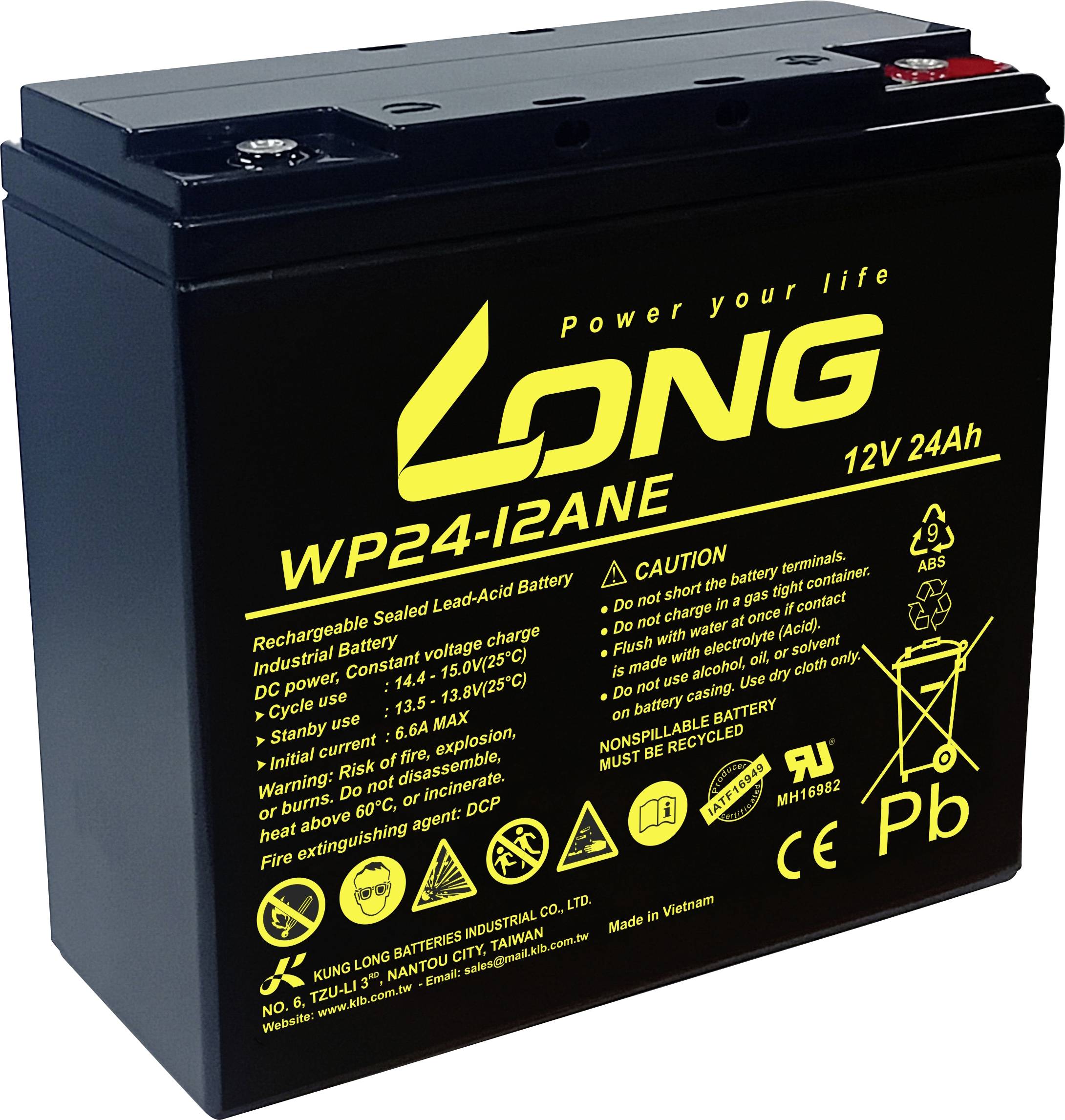 Schwarze wiederaufladbare versiegelte Blei-Säure-Batterie mit gelber Beschriftung: 'LONG WP24-12ANE 12V 24Ah'. Zeigt Spezifikationen und Sicherheitswarnungen.