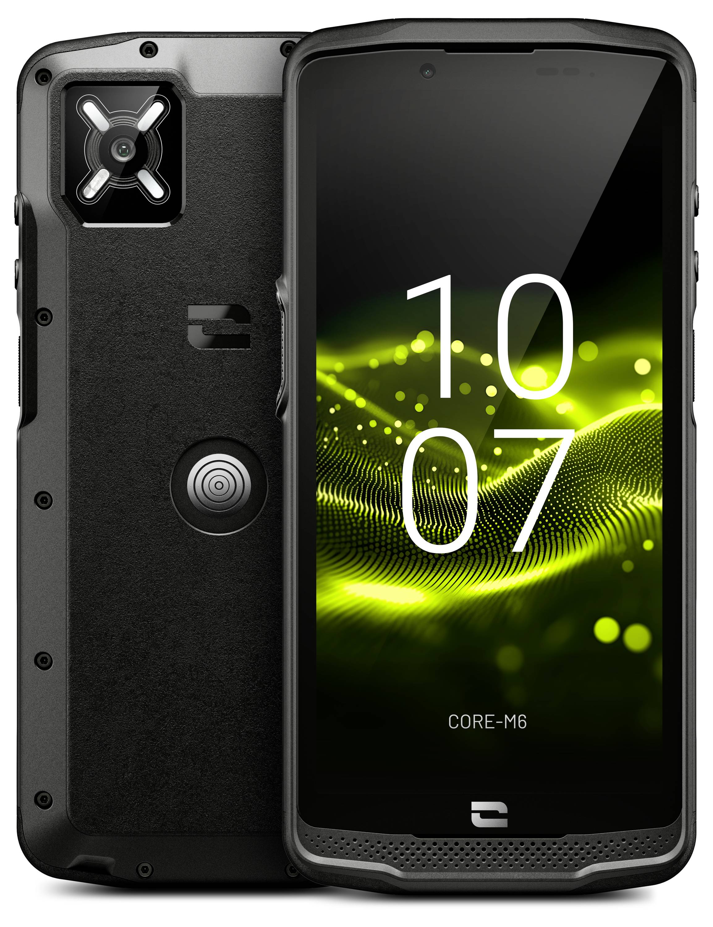 Ein robustes Smartphone mit einem robusten Gehäuse, von vorne und hinten gezeigt. Der Bildschirm zeigt '10:07'.