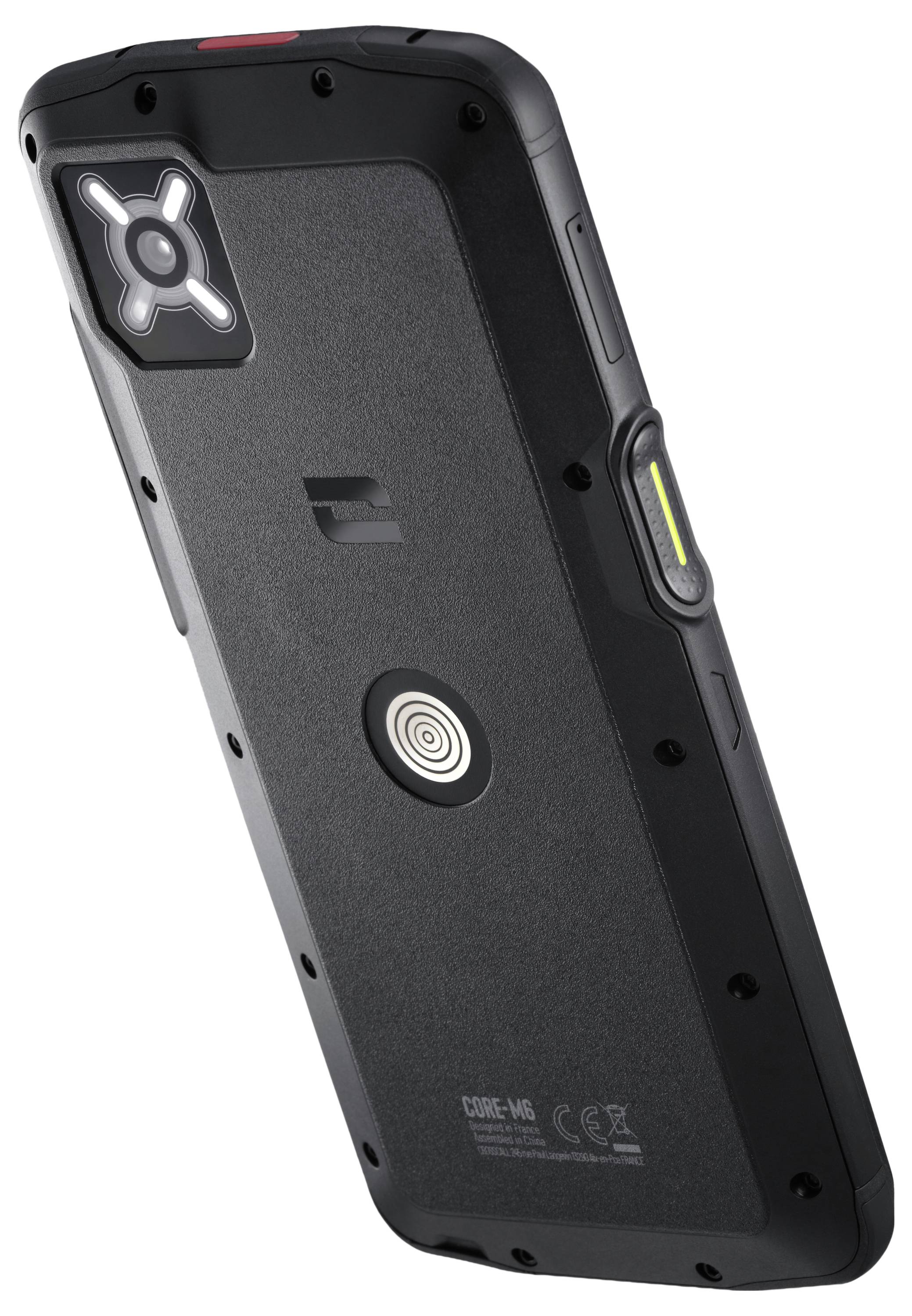 Ein robustes schwarzes Smartphone mit einer kreisförmigen Rückseite und strukturierter Oberfläche, ausgestattet mit einem Schutzrahmen und einer Kamera in der oberen Ecke.