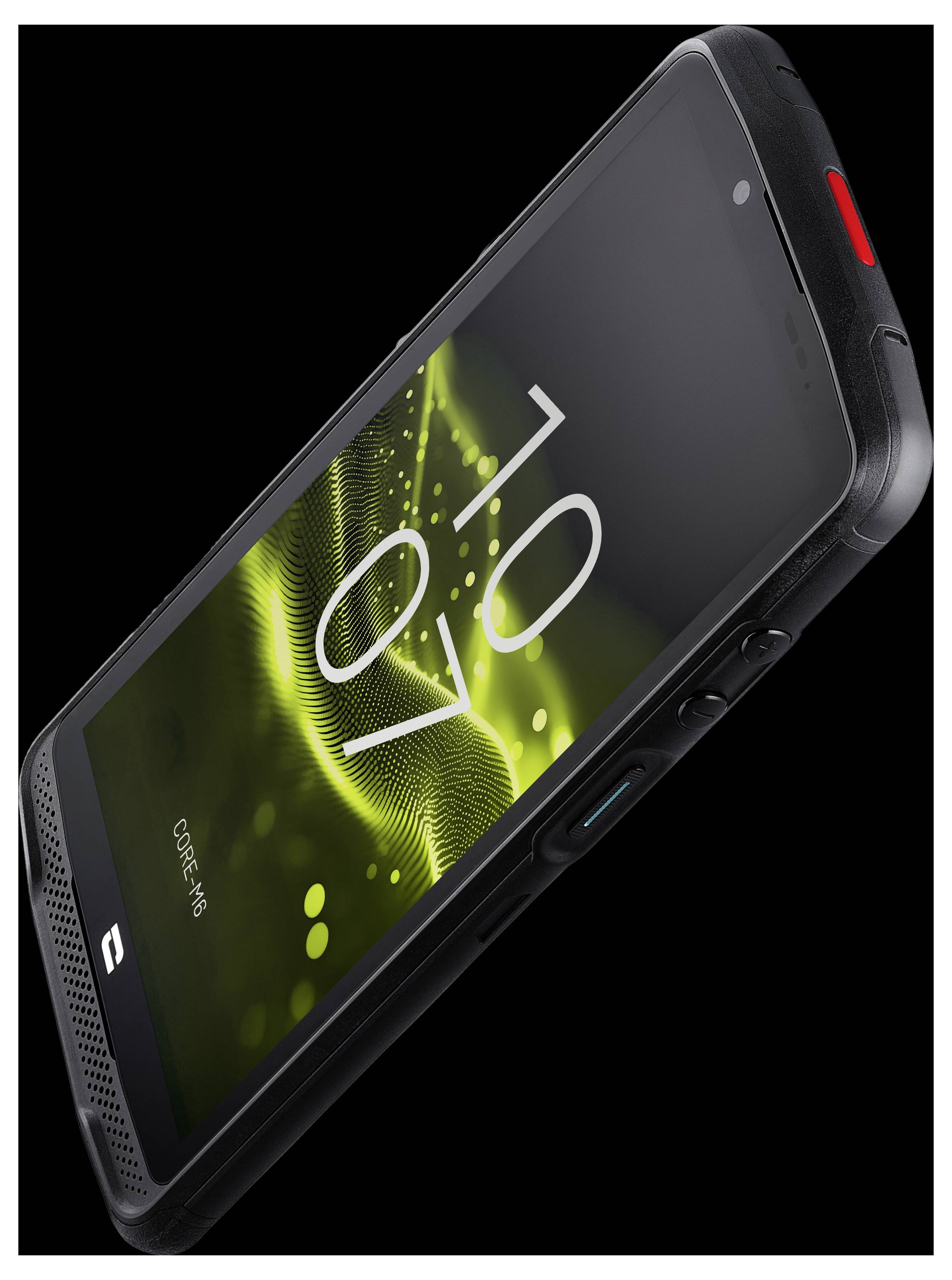 Ein schwarzes Smartphone mit texturierten Seiten, das '10:07' und ein grünes Wellenmuster auf dem Bildschirm zeigt, vor einem schwarzen Hintergrund.