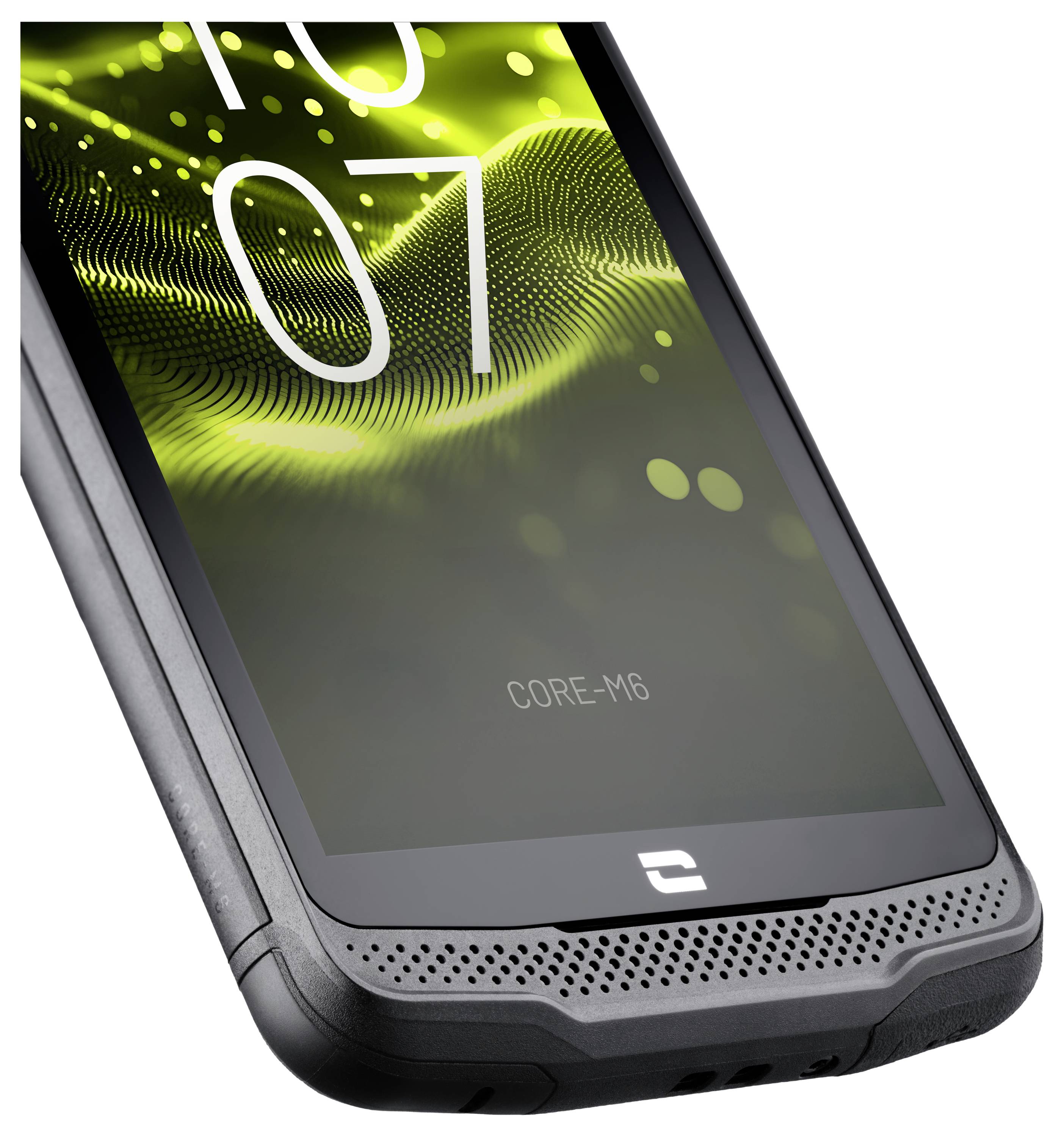 Ein robustes Smartphone mit einem schwarz-grauen Design, das ein leuchtendes grünes und gelbes abstraktes Muster auf dem Bildschirm zeigt, auf dem '10:07' und 'CORE-M6' angezeigt werden.