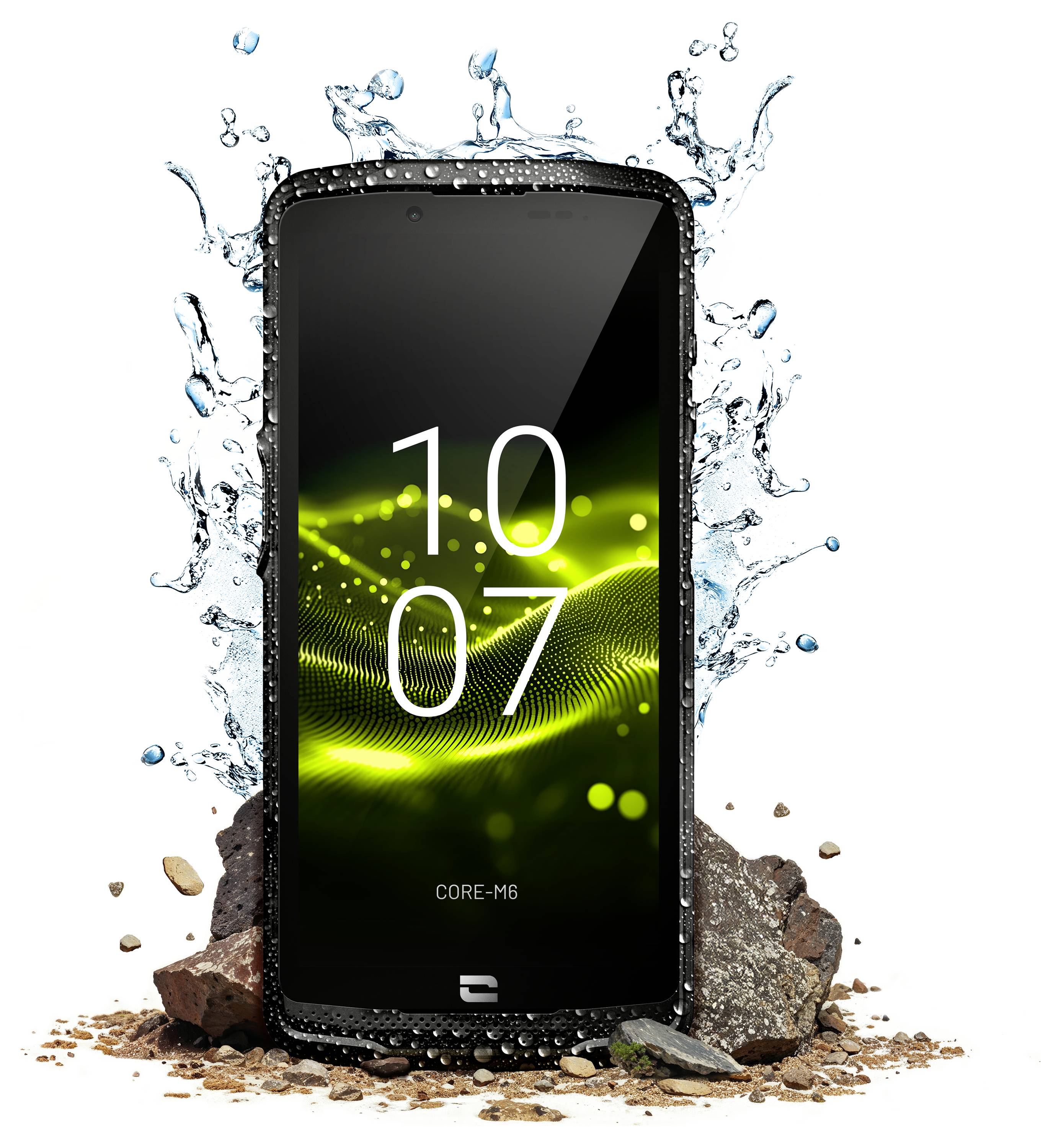 Ein robustes Smartphone, mit Wasser bespritzt und Widerstandsfähigkeit demonstrierend, zeigt auf dem Display '10:07' und einen Hintergrund aus grünen Wellen.