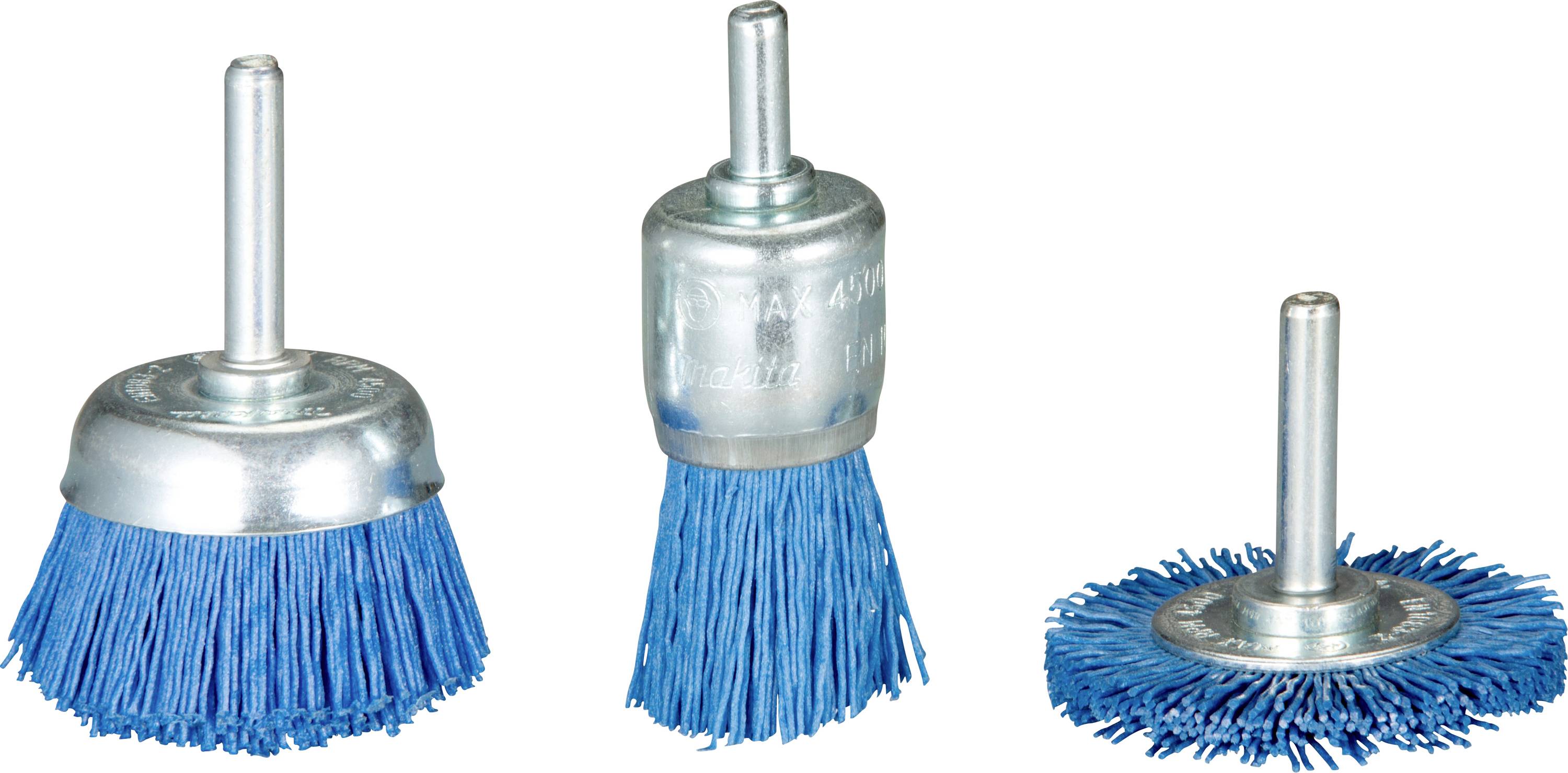 Drei Rotationsbürstenwerkzeuge mit blauen Borsten und Metallfüßen, entwickelt zum Reinigen und Polieren von Oberflächen mit Elektrowerkzeugen.