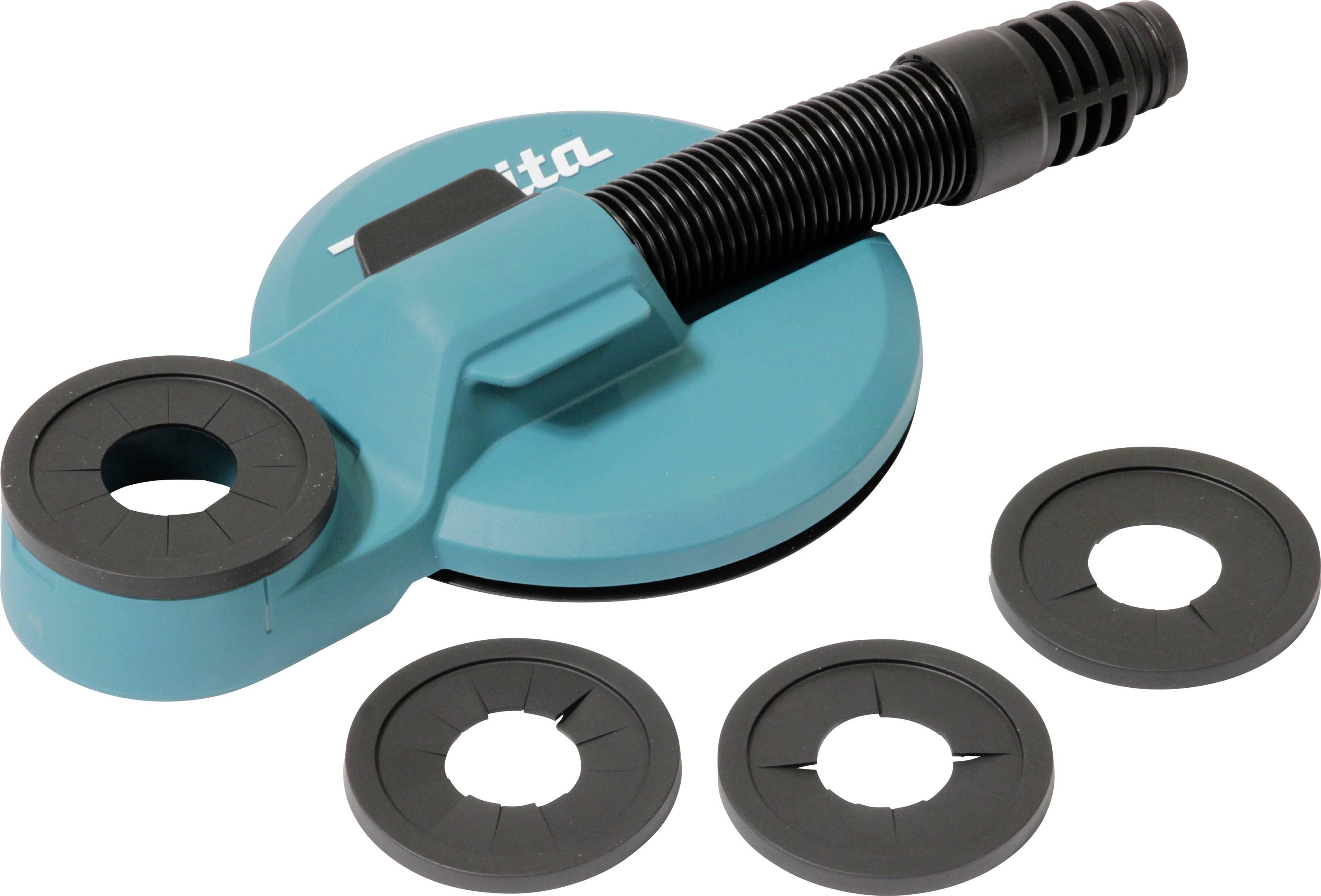 Eine blaue Führungshülse und drei schwarze Adapterringe, entwickelt, um verschiedene Routergrößen zu passen, für präzises Bohren und Stabilität auf ebenen Oberflächen.