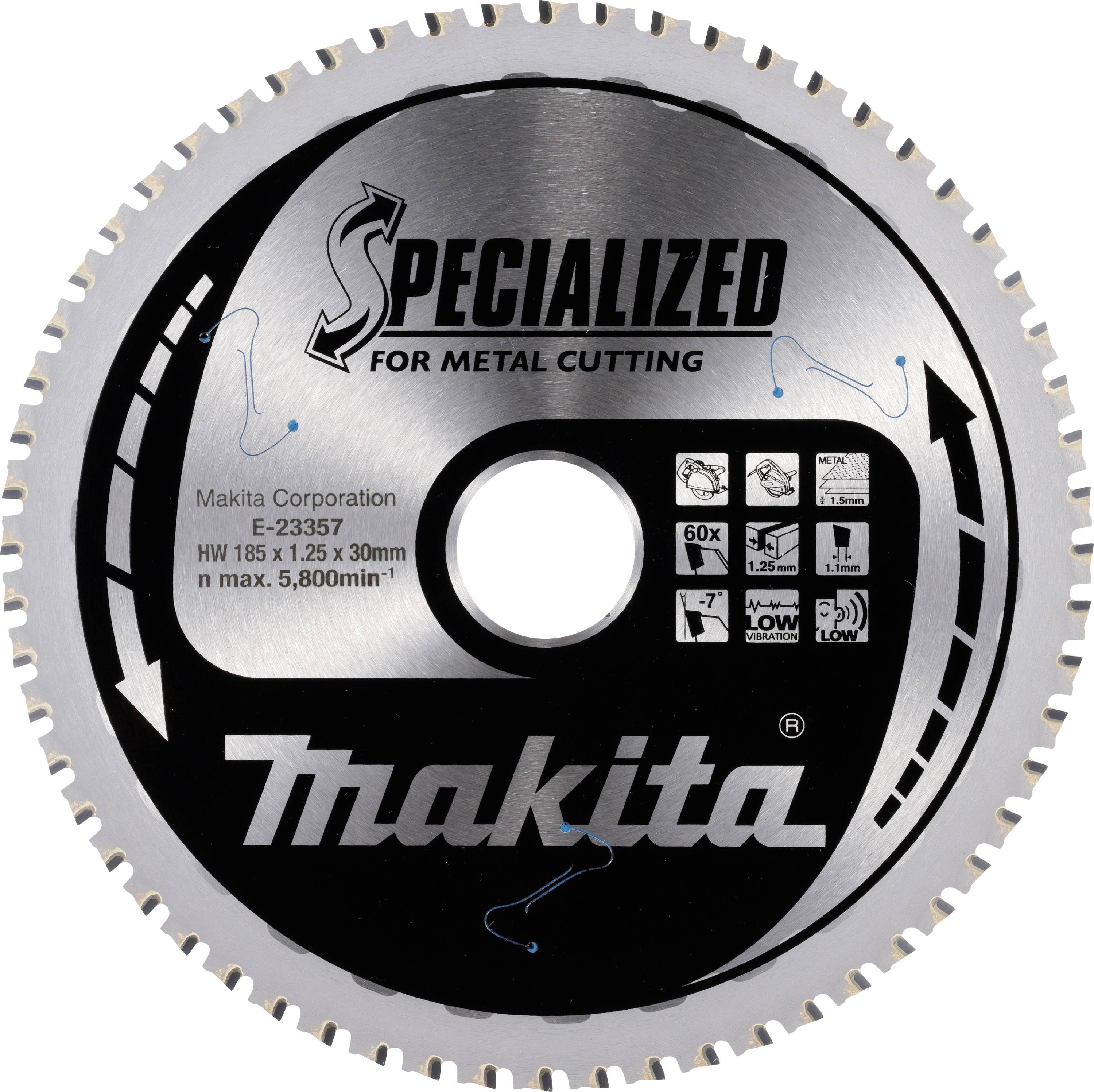 Sägeblatt für Metallschnitte, Marke Makita, mit detaillierten Spezifikationen einschließlich Abmessungen, Geschwindigkeitsbegrenzung und Verwendungssymbolen.