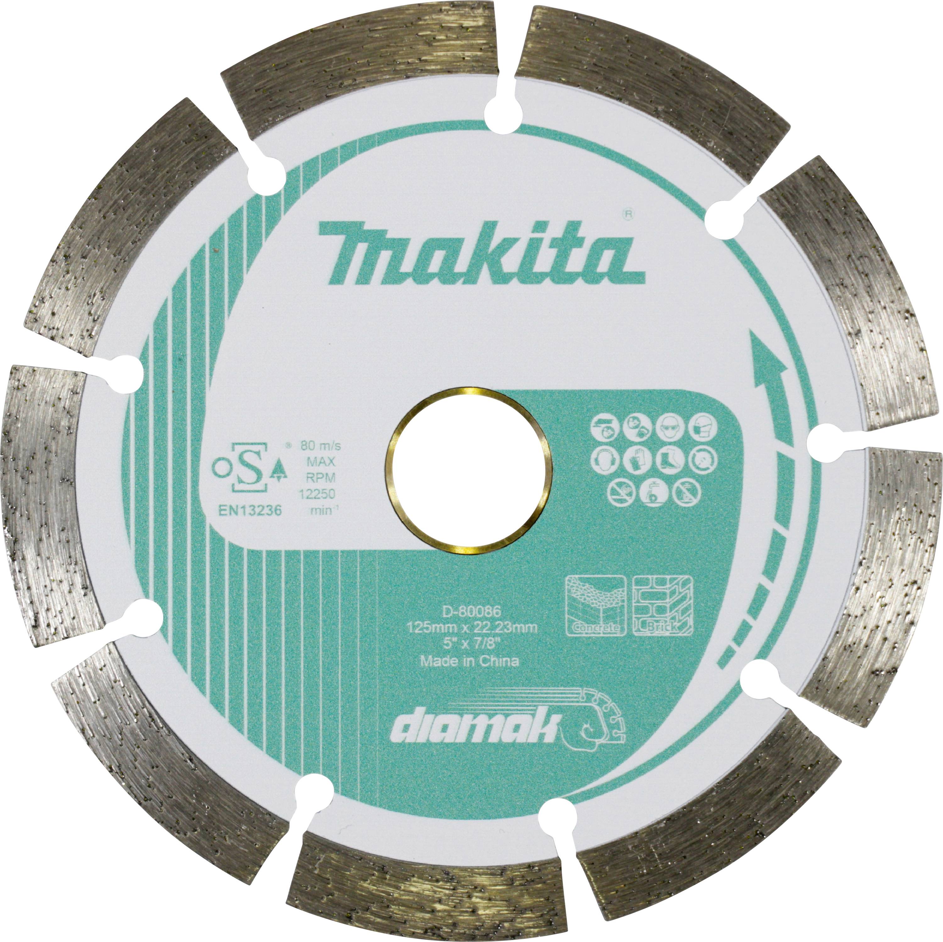 Eine Kreissägeblatt mit 'Makita' Branding, grün-silberner Gestaltung, 125 mm Durchmesser, geeignet für verschiedene Materialien, mit Sicherheitssymbolen.