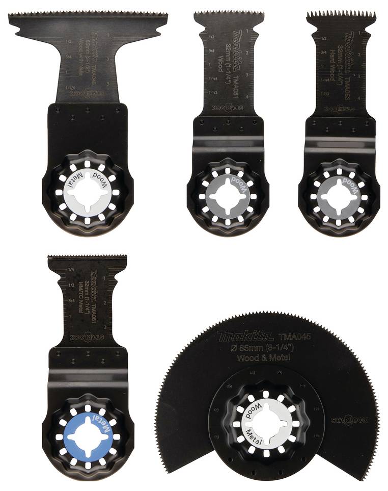 Fünf verschiedene Präzisionsklingen für oszillierende Multifunktionswerkzeuge, angeordnet in zwei Reihen. Jede Klinge unterscheidet sich in Form und Zahndesign.