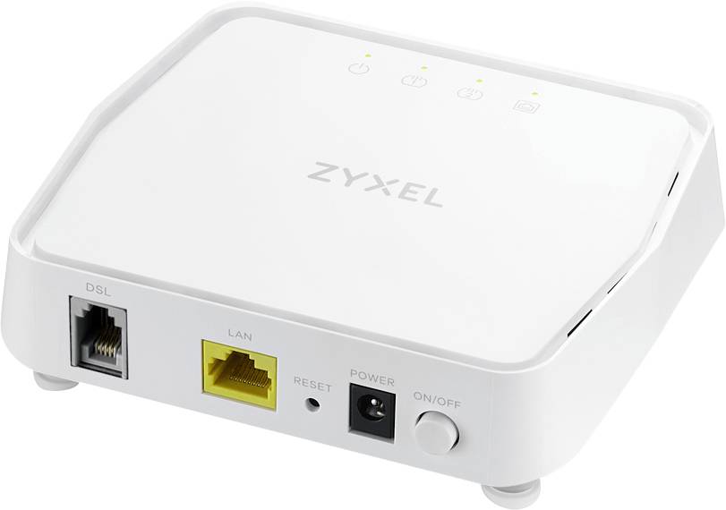 Ein weißes Internet-Modem mit der Markenaufschrift 'ZYXEL', ausgestattet mit DSL- und LAN-Anschlüssen sowie Strom- und Reset-Schaltern, entwickelt für Konnektivität.