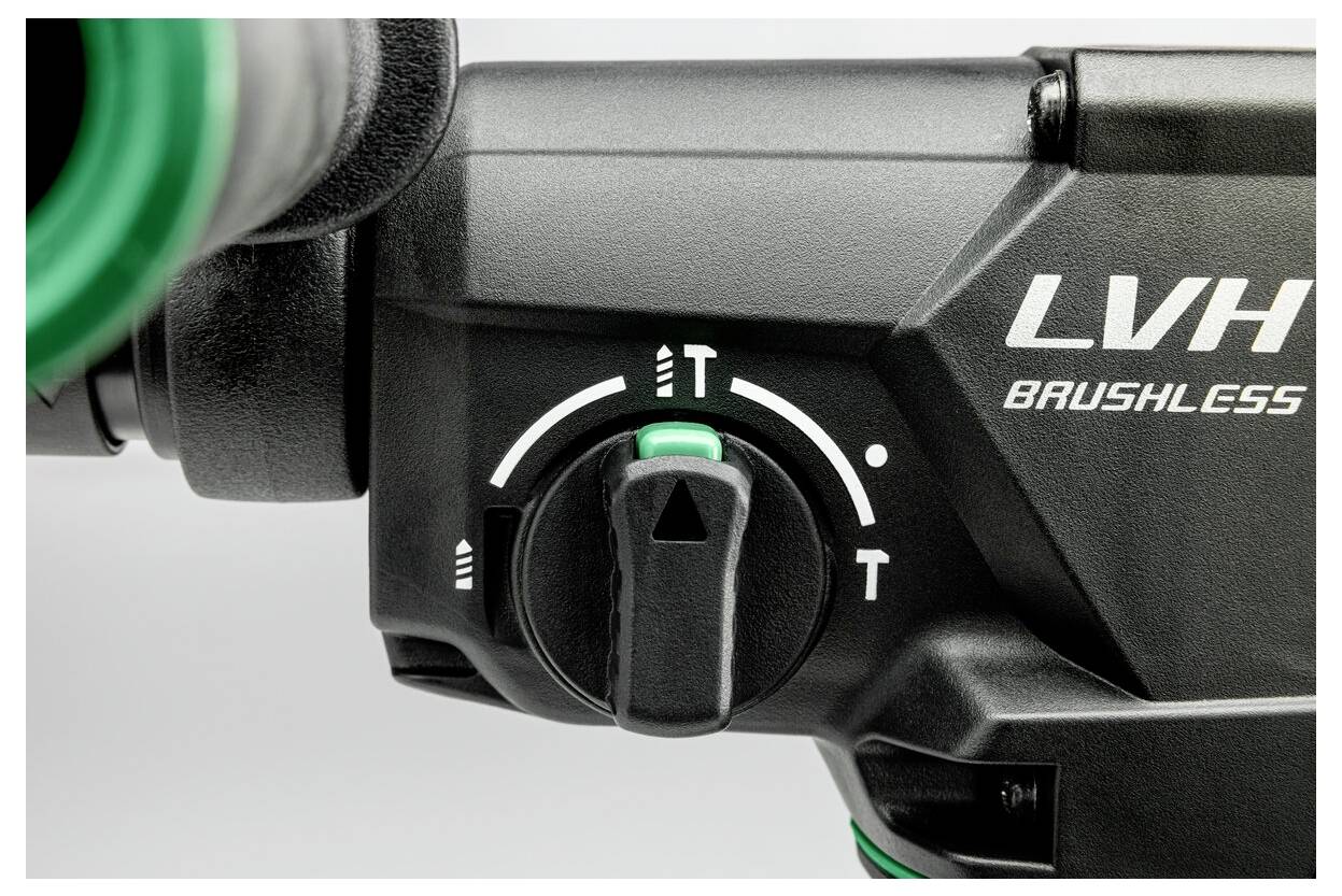 Nahaufnahme eines elektrischen Werkzeugs mit einem Schalter, der zwei Einstellungen zeigt: ‚T' und ‚T' in einer anderen Position. Das Werkzeug ist mit ‚LVH Brushless' beschriftet.
