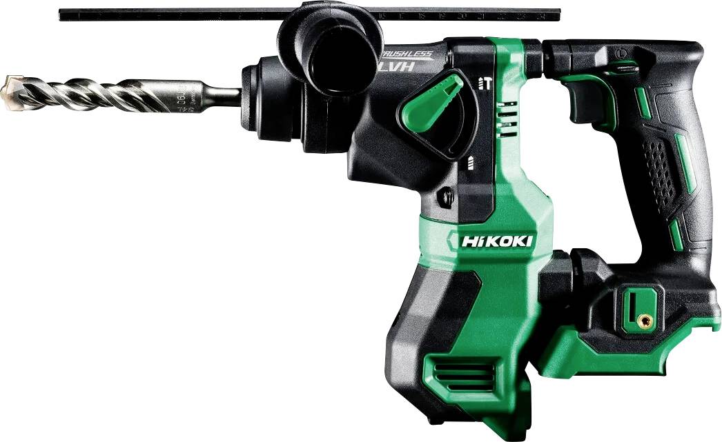 Eine grüne und schwarze Bohrmaschine mit dem sichtbaren Markennamen an der Seite, ausgestattet mit einem Griff und einem Bohrer, der vorne angebracht ist.