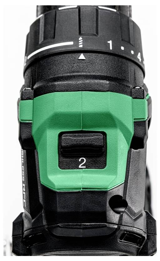 Schwarze und grüne Bohrmaschine mit angezeigten Gangeinstellungen 1 und 2 und einer strukturierten Griffoberfläche.