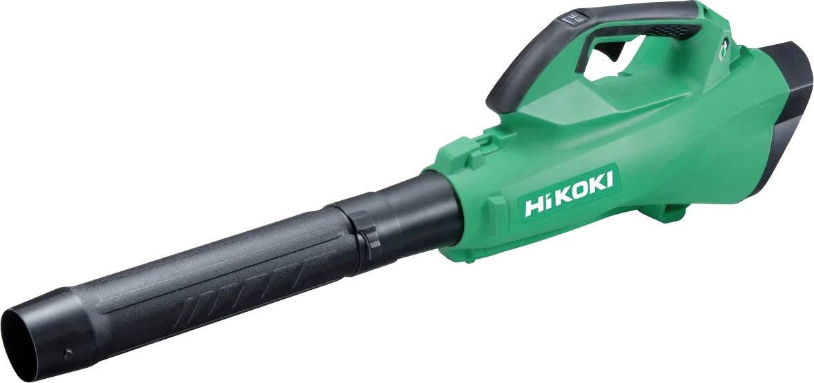 Ein grüner HiKOKI Laubbläser mit schwarzer Düse und Griff, der sein leichtes, tragbares Design präsentiert.