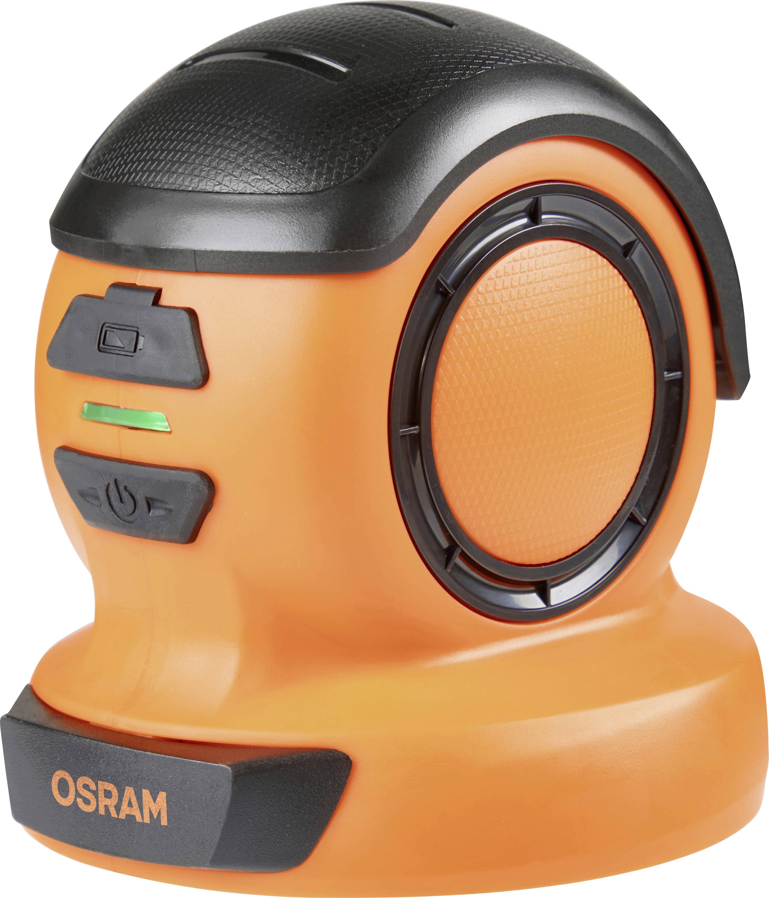 Ein orange-schwarzer Osram LED-Arbeitsscheinwerfer mit runder Form, strukturiertem Griff und Einschalttaste an der Seite.