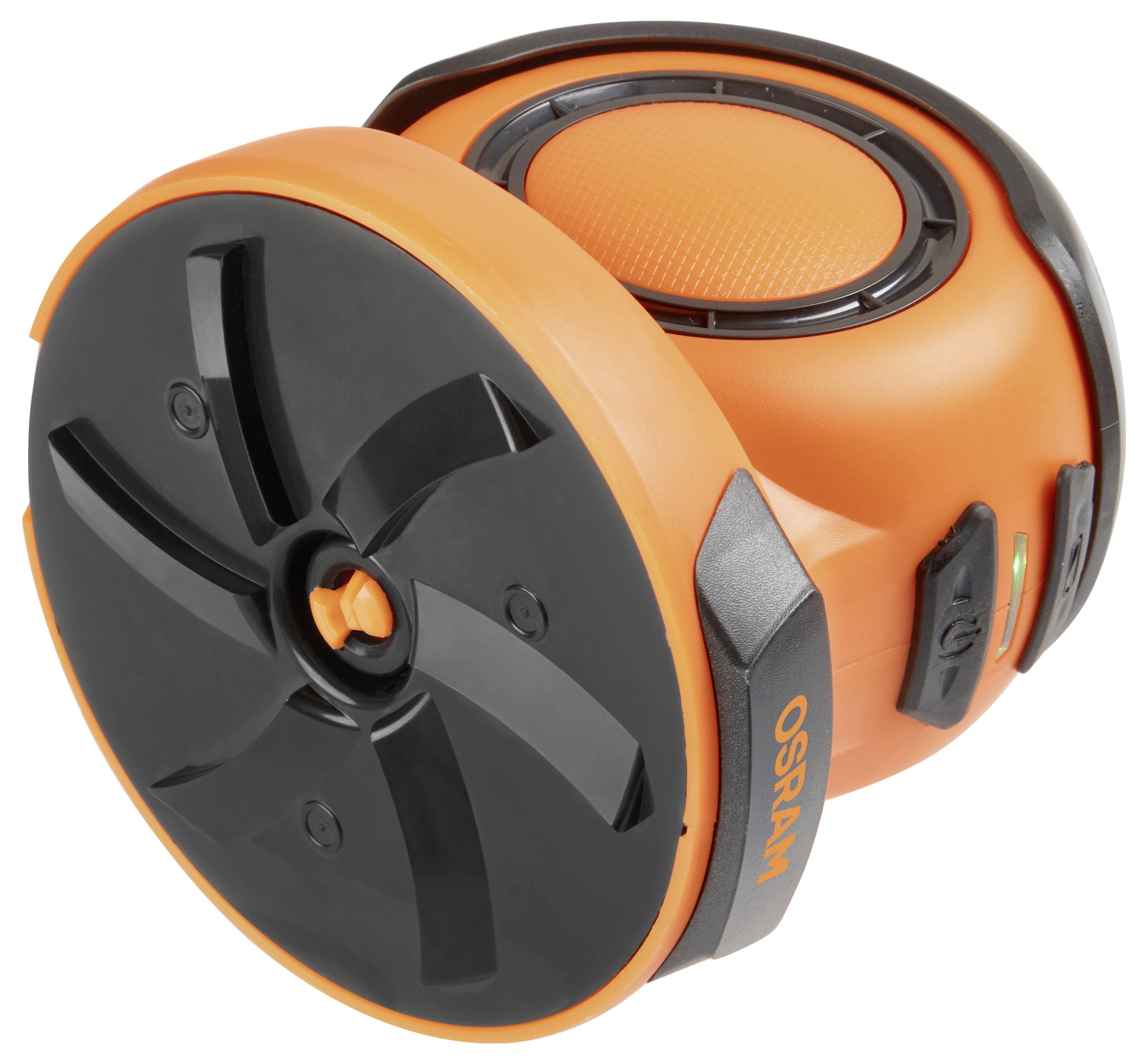 Orange und schwarzer OSRAM Reifenaufpumper mit einem runden, kompakten Design, mit einer zentralen Druckanzeige und Steuerungstasten.