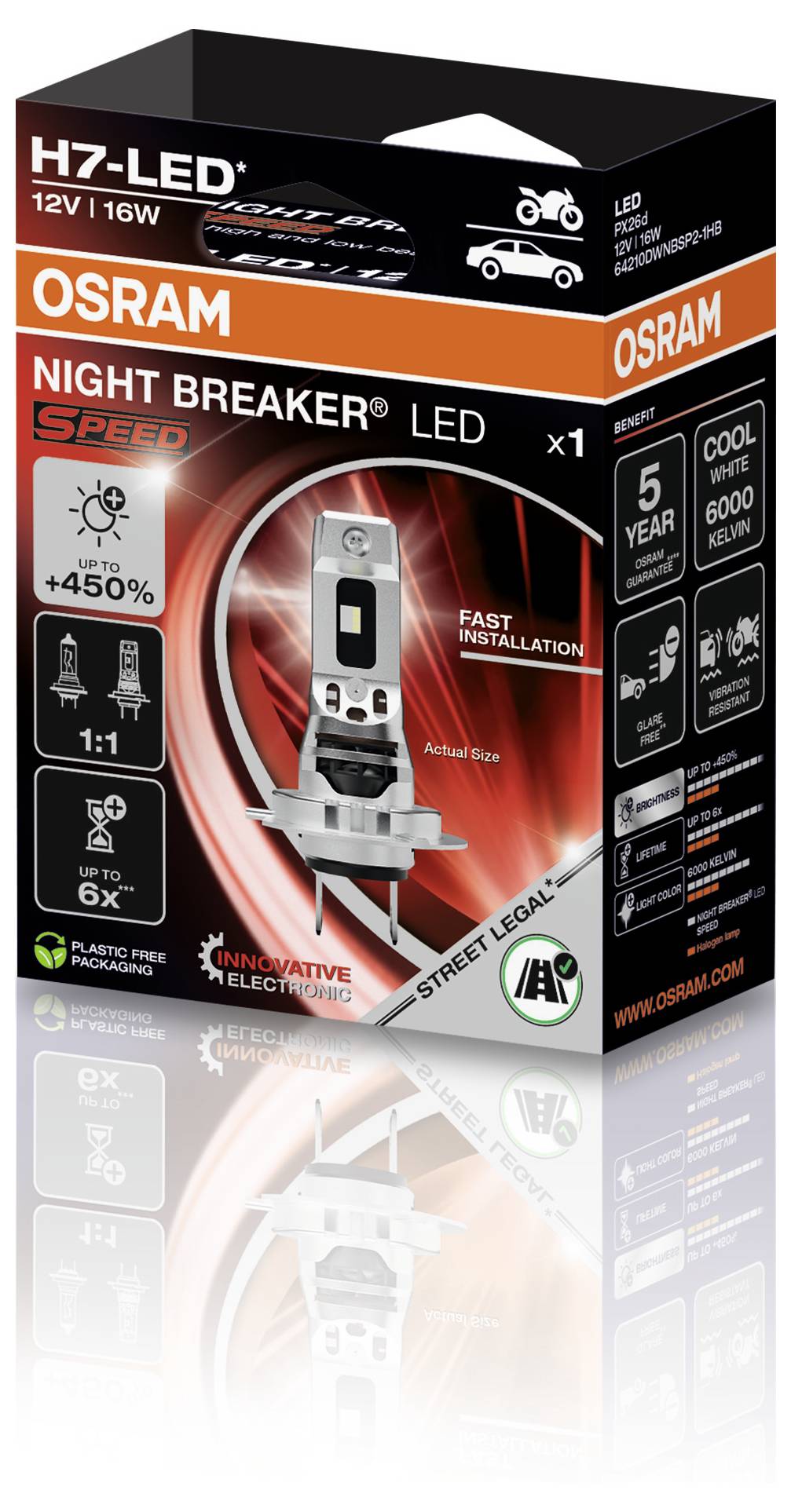 OSRAM Night Breaker LED H7 Glühbirne mit hoher Fernlichtintensität, 5 Jahre Garantie, 6000 Kelvin kalt-weißes Licht. Geeignet für Motorräder und Autos.