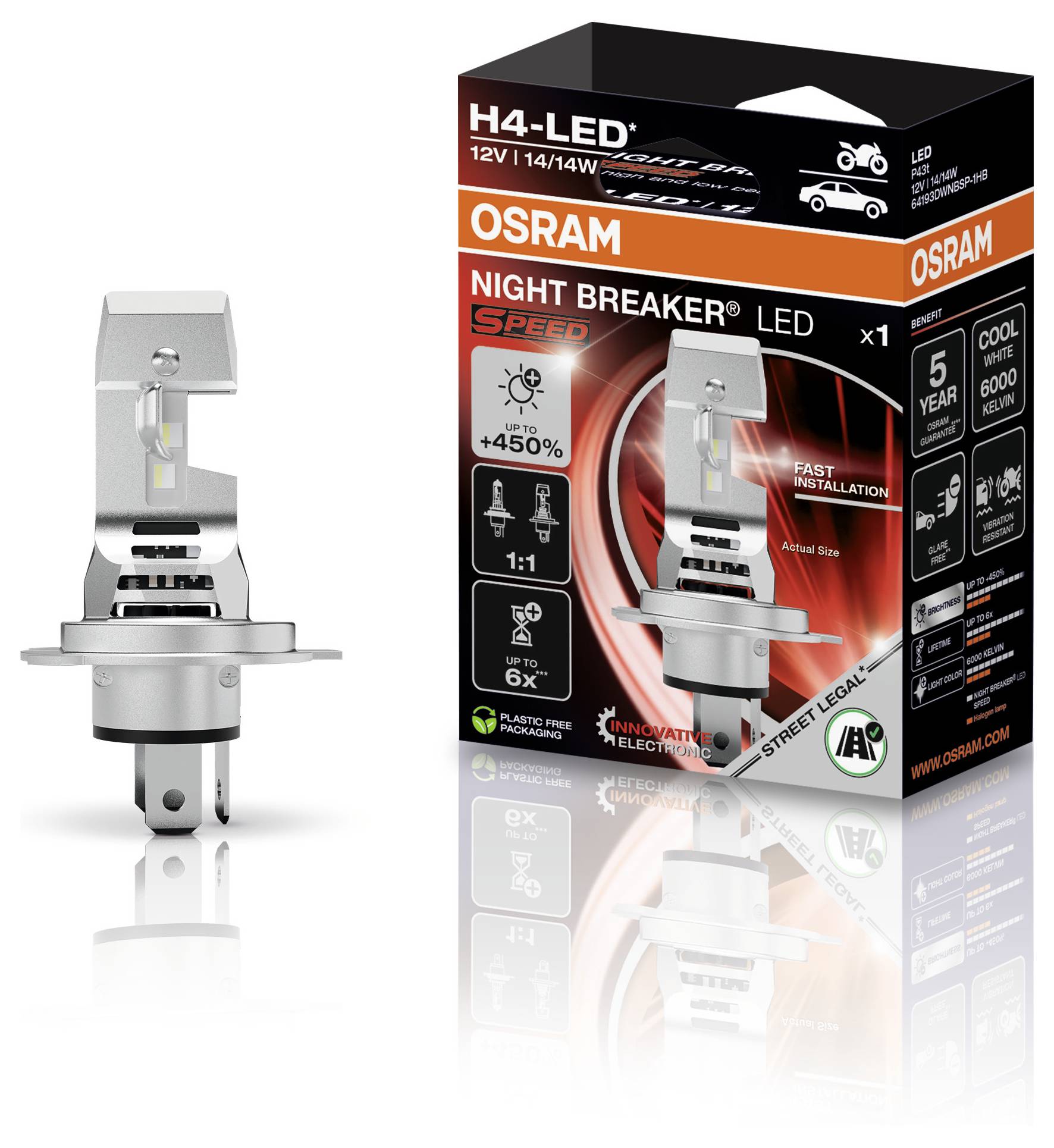 OSRAM Night Breaker LED-Scheinwerferlampe<br><br>+450% Helligkeit<br>Schnelle Installation<br>6-Jahre-Garantie