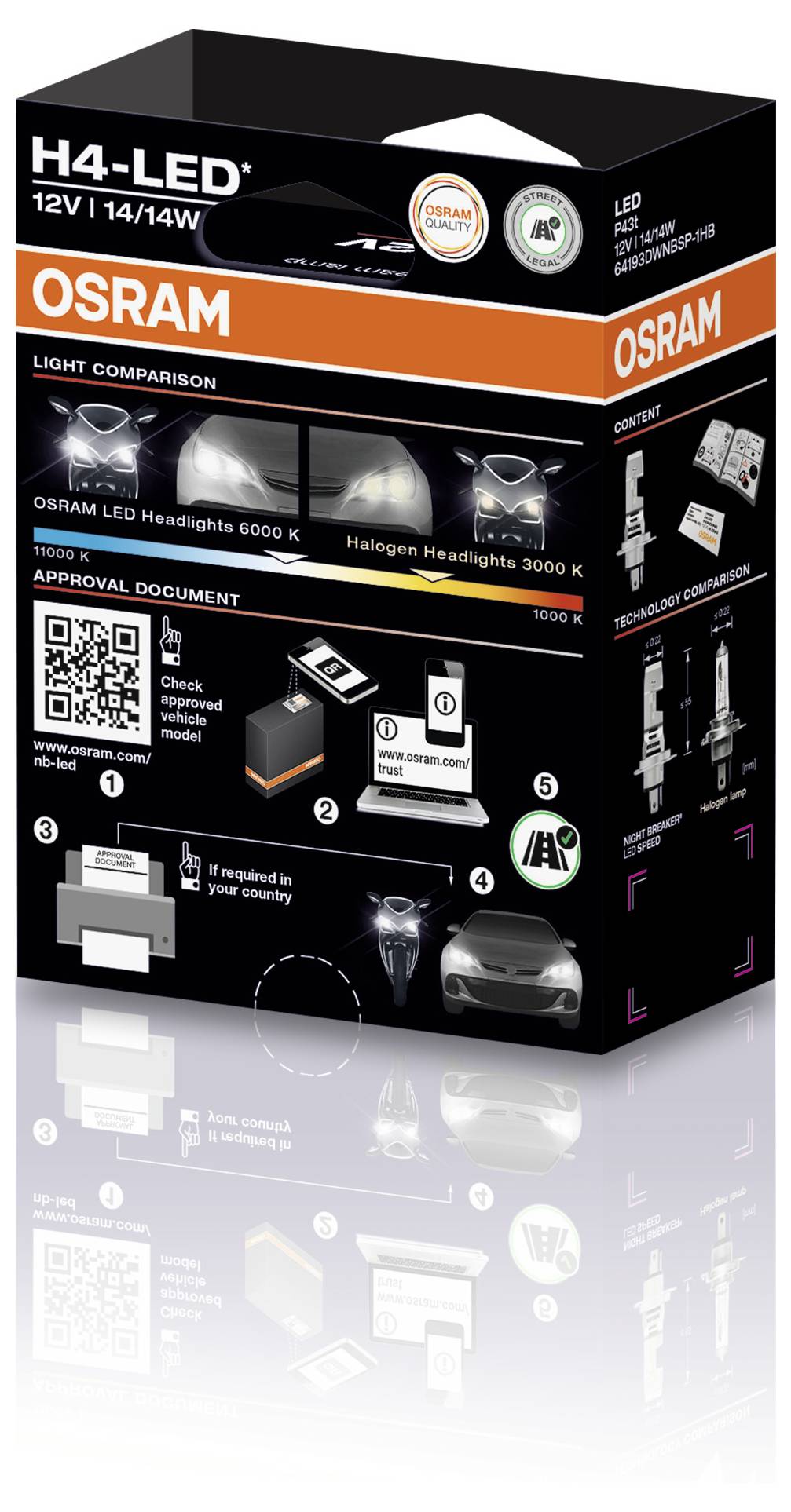 Verpackung für OSRAM H4-LED-Autoscheinwerfer, 12V, 14/14W. Beinhaltet Lichtvergleich und Zulassungsdetails. Geeignet für bestimmte Fahrzeuge.