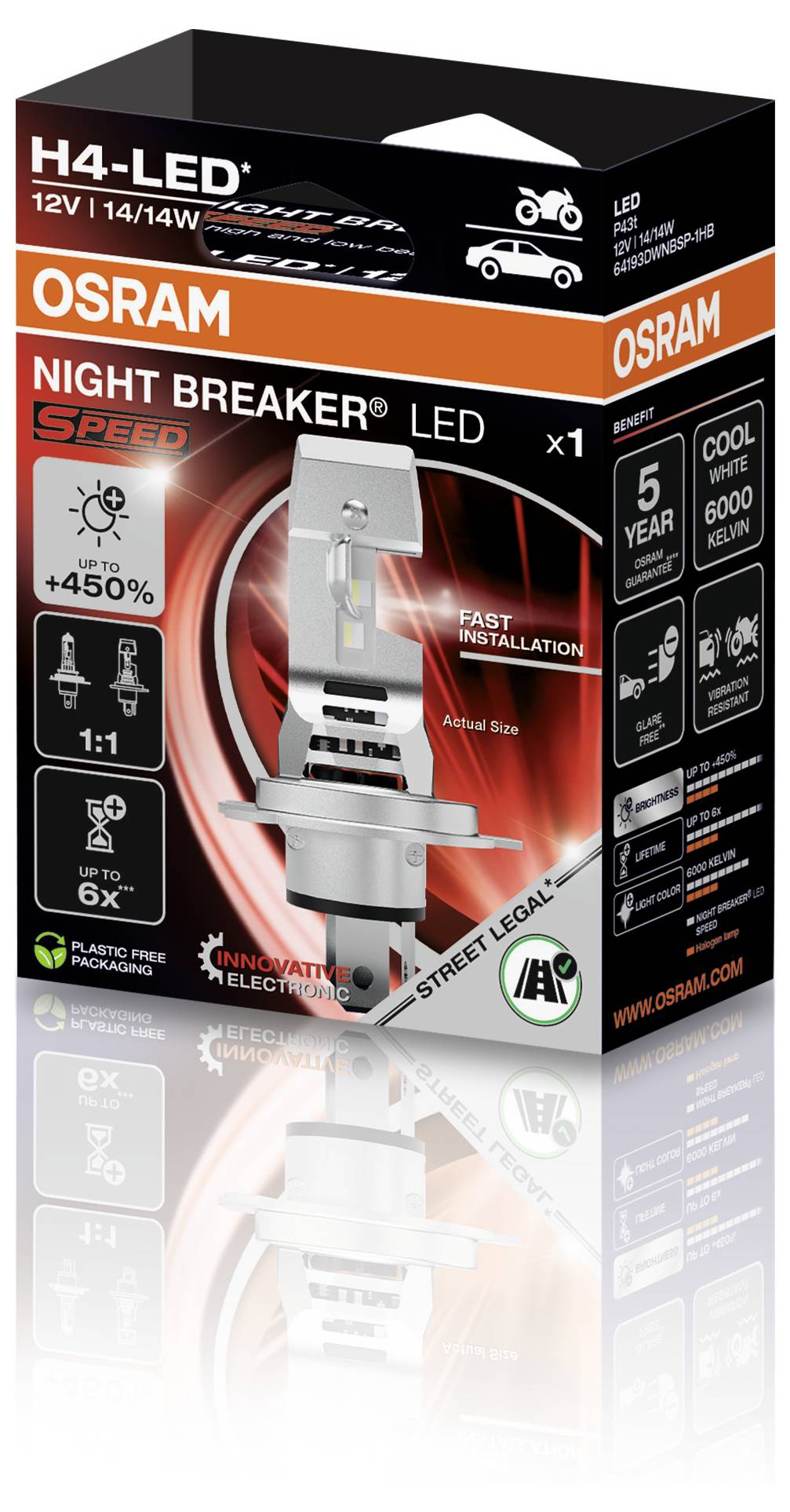 OSRAM Night Breaker LED<br><br>+450% Helligkeit<br>6000K Farbtemperatur<br>5 Jahre Garantie<br><br>Geeignet für Motorräder und Autos