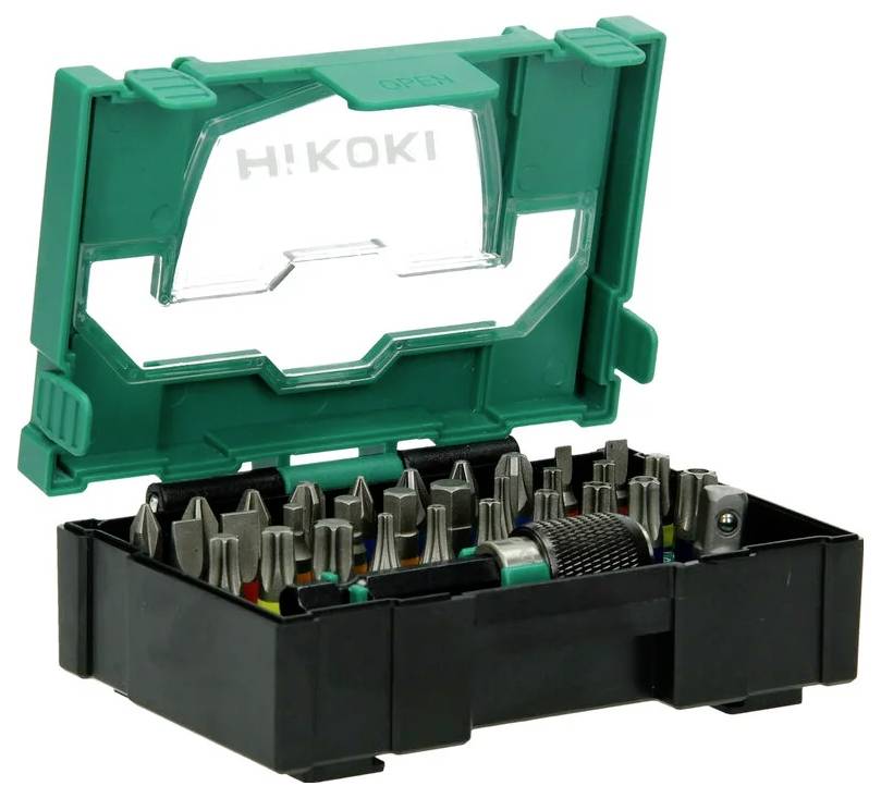 Eine grüne und schwarze Werkzeugbox mit verschiedenen Metallschraubenziehereinsätzen, übersichtlich für einfachen Zugriff angeordnet.