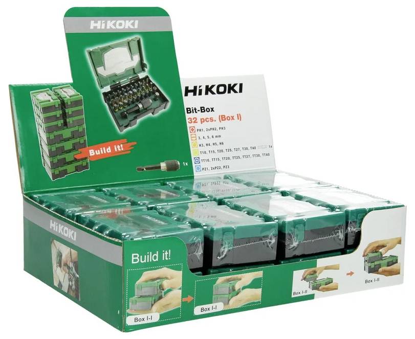 HiKOKI Bit-Box 32-tlg.' Displaybox mit grünen Werkzeugen, die Bohrbit und Schraubendrehergriff zeigt, wirbt für vielseitigen Werkzeugsatz.