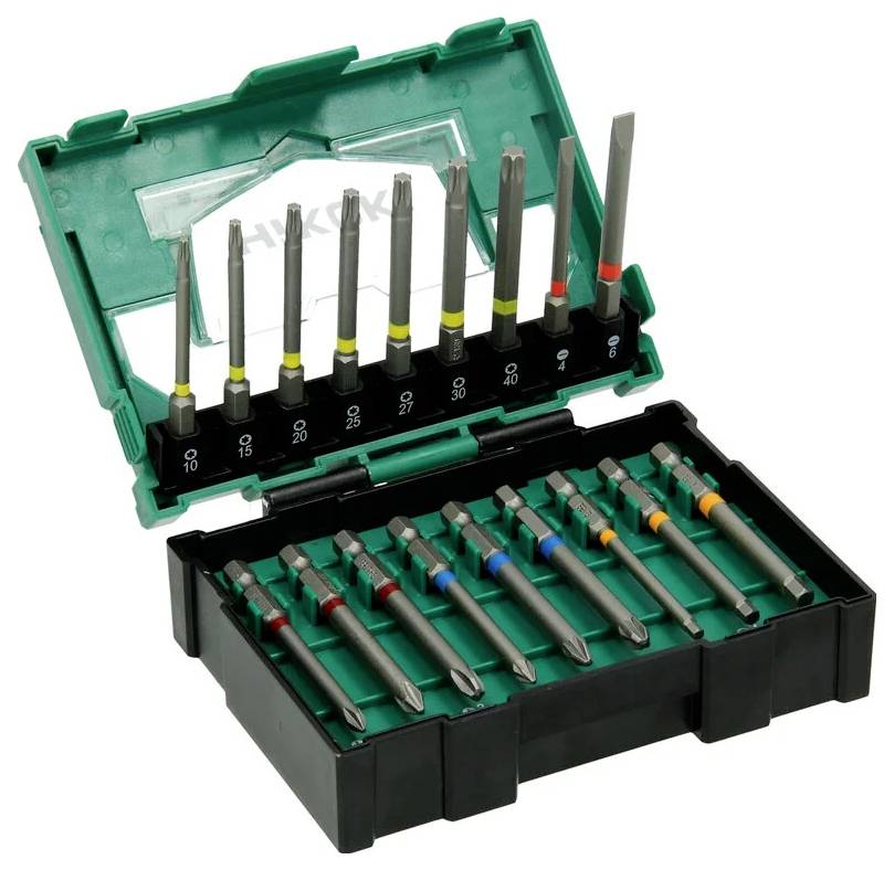 Set von Schraubendreher-Bits in einer offenen grün-schwarzen Box, verschiedene Typen und Größen mit farbcodierten Bändern zur einfachen Identifikation.