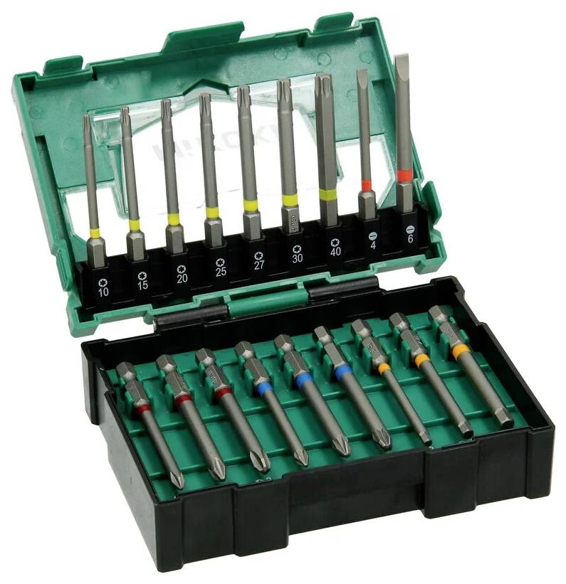 Eine grüne und schwarze Werkzeugbox, die verschiedene Schraubendrehen-Einsätze in zwei Reihen enthält, wobei jeder Einsatz mit unterschiedlichen Größen und Farben beschriftet ist.