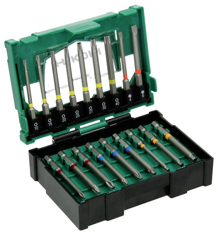 Eine grüne und schwarze Kunststoffbox, die einen Satz sortierter Schraubendreher-Bits in Schlitzen enthält, mit verschiedenen Größen und farbigen Ringen.