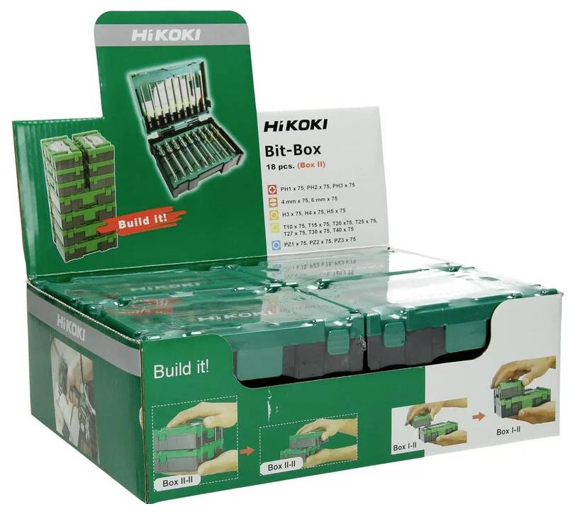 HiKoki Bit-Box Anzeige zeigt eine grüne Box mit 18 Stück. Anleitungen veranschaulichen, wie die Boxen gestapelt werden können.