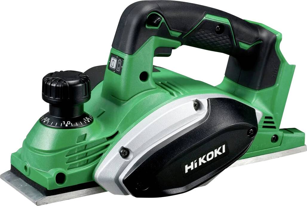Grüner und schwarzer elektrischer Handhobel mit verstellbarem Knopf und 'Hikoki'-Branding an der Seite, entwickelt zum Glätten und Abschaben von Holzoberflächen.