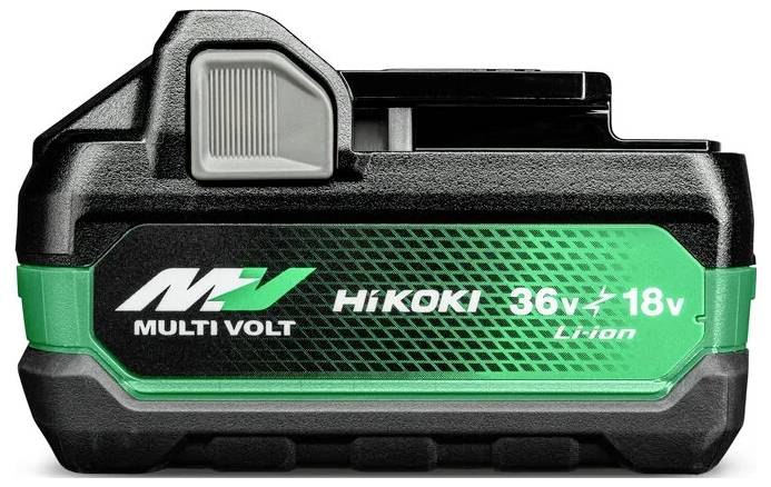 Tragbare Multispannungs-Batterie für Elektrowerkzeuge, gekennzeichnet mit 'Multi Volt 36V - 18V Hikoki Li-ion', mit grün-schwarzem Design.