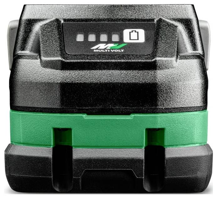 Eine schwarze und grüne Akku-Batterie des Typs 'Multi Volt' verfügt über ein digitales Display zur Anzeige des Ladestands und ist für Elektrowerkzeuge konzipiert.