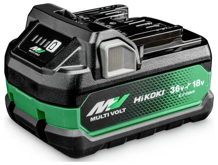 Eine schwarze und grüne kompakte Akku-Werkzeugbatterie mit der Aufschrift 'Multi Volt Hikoki 36V/18V Li-ion', kompatibel mit Werkzeugen verschiedener Spannungen.