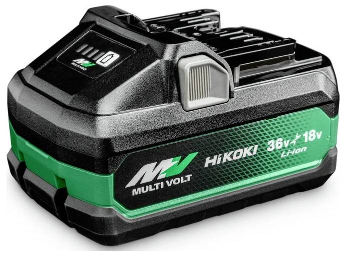 Eine 'HiKoki Multi Volt' Lithium-Batterie mit dualen Spannungen: 36V und 18V. Die Batterie verfügt über ein kompaktes, robustes Design.