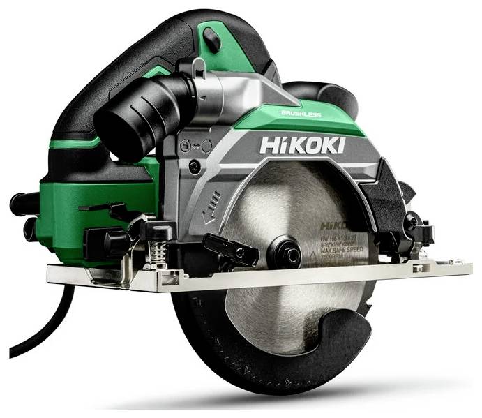 Eine Kreissäge mit einem kreisförmigen Sägeblatt, der Marke 'HiKOKI', entwickelt zum Schneiden von Materialien wie Holz und Metall, mit einem schwarzen und grünen Gehäuse.