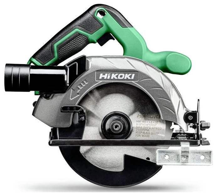 Eine grüne und schwarze Kreissäge mit der Aufschrift 'HiKoki', ausgestattet mit einer silbernen Sägeblatt und einem ergonomischen Griff.