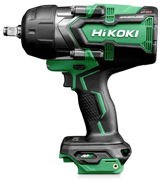 Ein grünes und schwarzes kabelloses Elektrowerkzeug mit der Aufschrift 'HiKOKI', konzipiert für anspruchsvolle Befestigungsarbeiten und ausgestattet mit einem robusten, ergonomischen Griff.