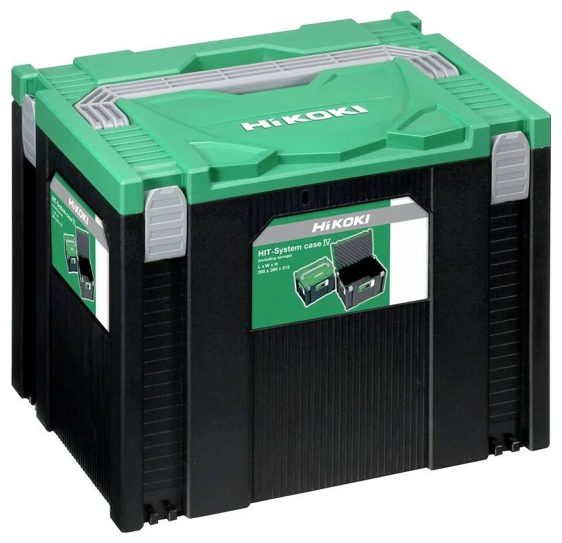 Grüner und schwarzer HiKOKI HIT-System Koffer mit Griff, entwickelt zur Werkzeugaufbewahrung.