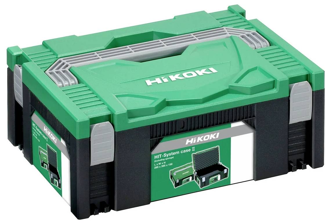 Eine grüne und schwarze HiKoki Aufbewahrungsbox mit Griff ist mit 