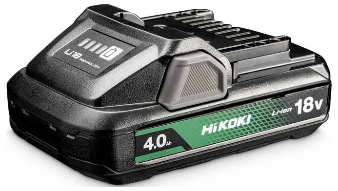 Ein schwarzer und grüner 18V 4.0Ah Hikoki Lithium-Ionen-Akkupack mit einer 'LiB'-Anzeige.