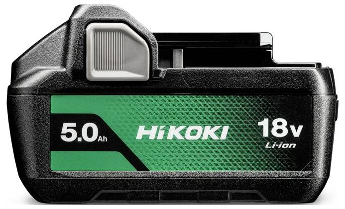 Eine schwarze und grüne 18V-Lithium-Ionen-Batterie für Hikoki-Werkzeuge, gekennzeichnet mit '5.0 Ah', was ihre Kapazität angibt.