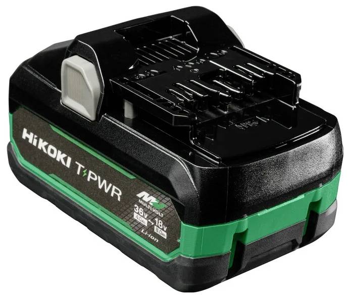 Eine schwarze und grüne Hikoki Multi-Volt-Batterie mit der Beschriftung „36V 18V Li-ion